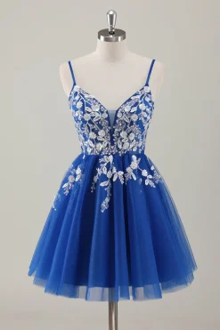 Royal Blue Spaghetti Correias Vestido Curto Homecoming com Apliques