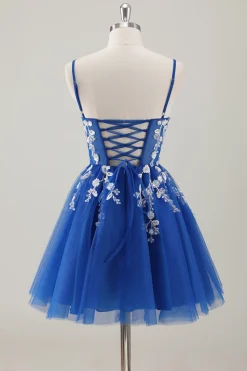 Royal Blue Spaghetti Correias Vestido Curto Homecoming com Apliques