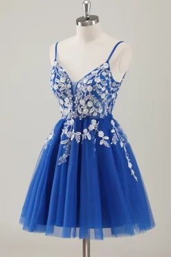 Royal Blue Spaghetti Correias Vestido Curto Homecoming com Apliques