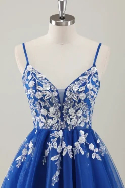 Royal Blue Spaghetti Correias Vestido Curto Homecoming com Apliques