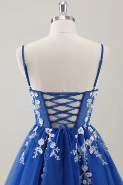 Royal Blue Spaghetti Correias Vestido Curto Homecoming com Apliques