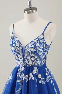 Royal Blue Spaghetti Correias Vestido Curto Homecoming com Apliques
