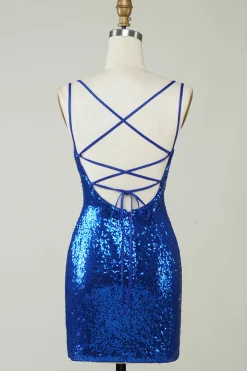 Royal Blue Tight Sequins Backless Homecoming Vestido