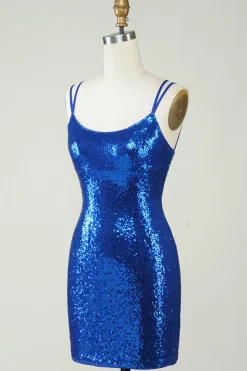 Royal Blue Tight Sequins Backless Homecoming Vestido