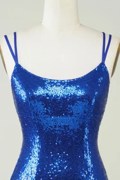 Royal Blue Tight Sequins Backless Homecoming Vestido