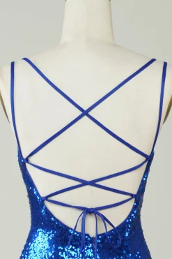 Royal Blue Tight Sequins Backless Homecoming Vestido
