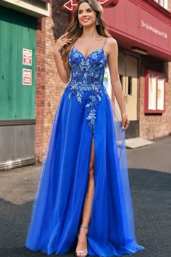 Royal Blue Tulle A-Line Espaghetti Correias Corset Long Prom Dress com Fenda