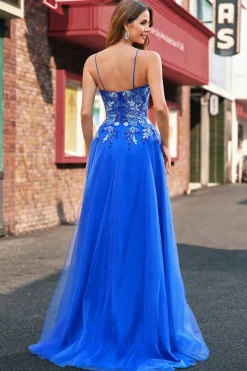Royal Blue Tulle A-Line Espaghetti Correias Corset Long Prom Dress com Fenda