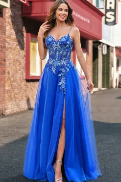 Royal Blue Tulle A-Line Espaghetti Correias Corset Long Prom Dress com Fenda