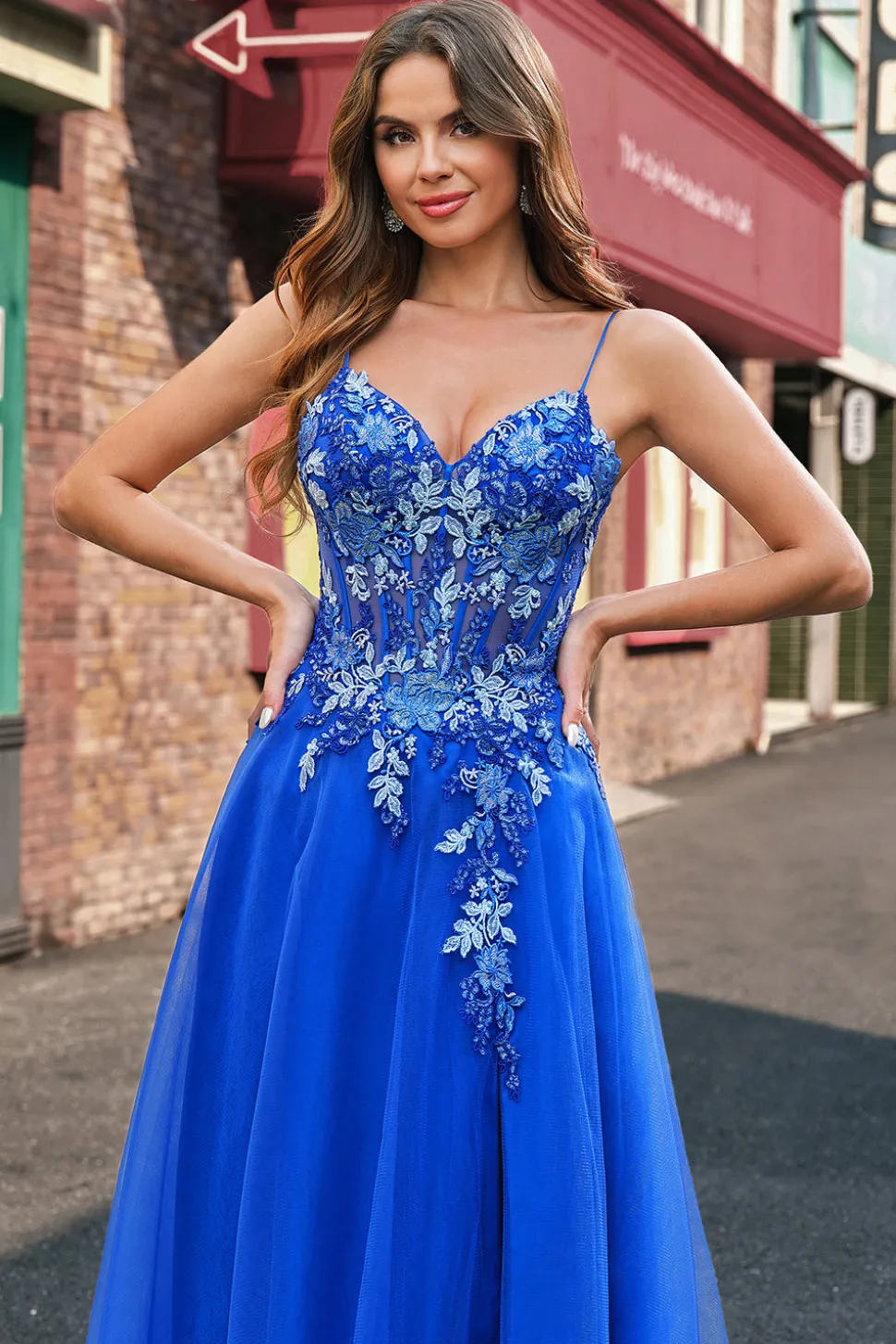 Royal Blue Tulle A-Line Espaghetti Correias Corset Long Prom Dress com Fenda