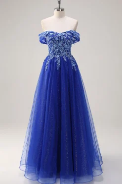 Royal Blue Tulle A-Line Off the Shoulder Sparkly Applique Long Prom Dress com Missangas