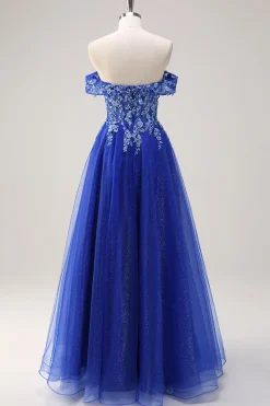 Royal Blue Tulle A-Line Off the Shoulder Sparkly Applique Long Prom Dress com Missangas