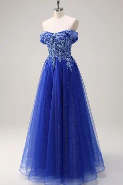 Royal Blue Tulle A-Line Off the Shoulder Sparkly Applique Long Prom Dress com Missangas