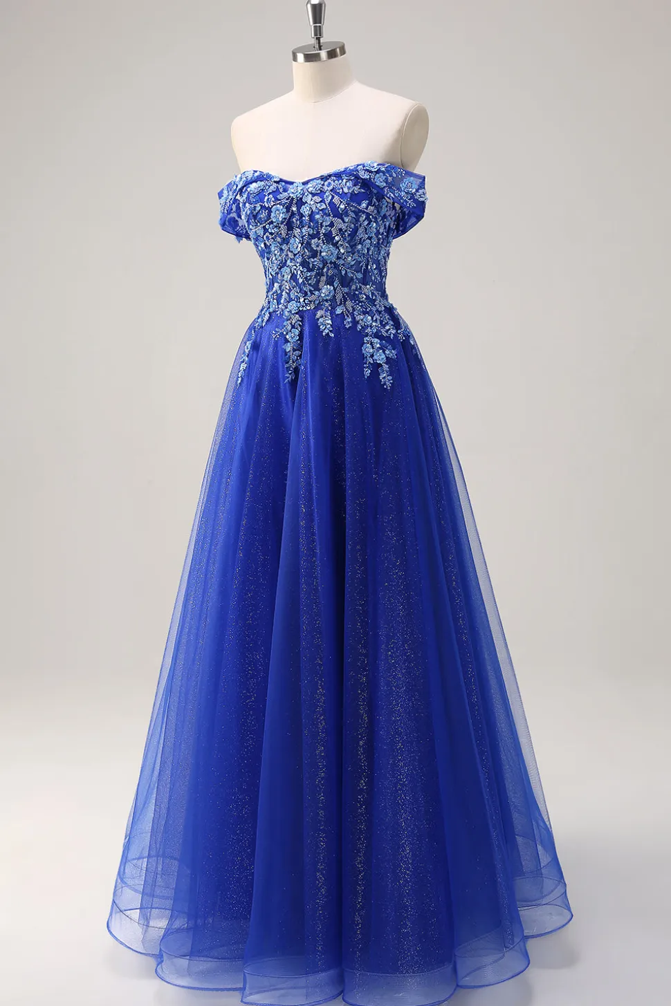 Royal Blue Tulle A-Line Off the Shoulder Sparkly Applique Long Prom Dress com Missangas