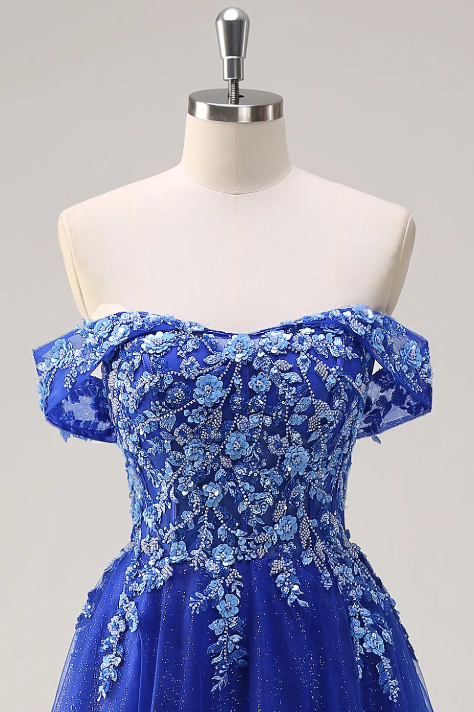 Royal Blue Tulle A-Line Off the Shoulder Sparkly Applique Long Prom Dress com Missangas