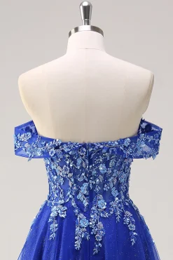 Royal Blue Tulle A-Line Off the Shoulder Sparkly Applique Long Prom Dress com Missangas