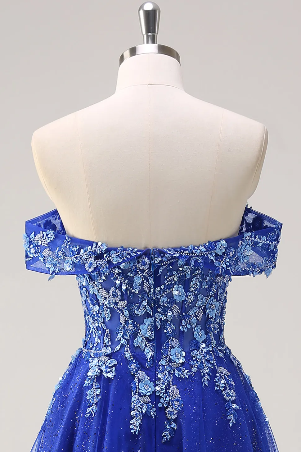 Royal Blue Tulle A-Line Off the Shoulder Sparkly Applique Long Prom Dress com Missangas