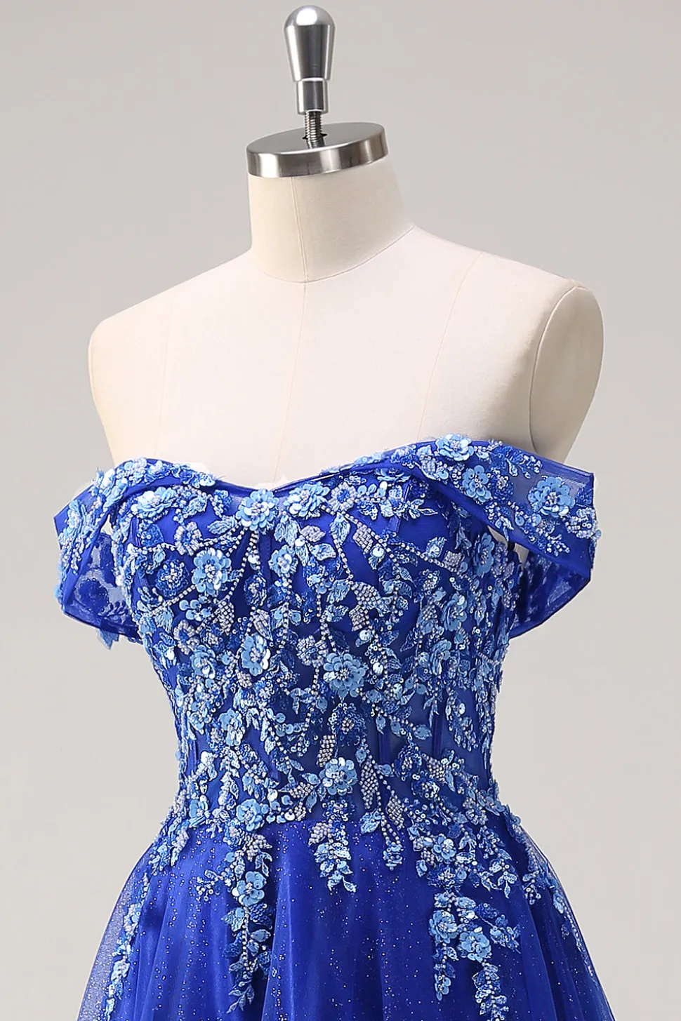 Royal Blue Tulle A-Line Off the Shoulder Sparkly Applique Long Prom Dress com Missangas