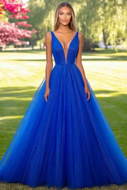 Royal Blue Tulle Deep V-Neck A-Line Vestido Longo do Baile de Formatura