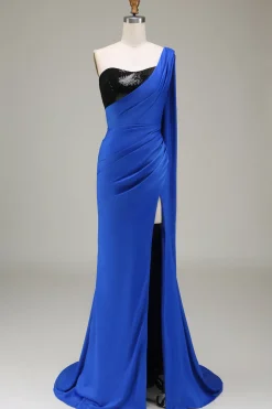 Royal Blue Um Ombro Cetim e Sereia de Lantejoulas Vestido de baile plissado com fenda