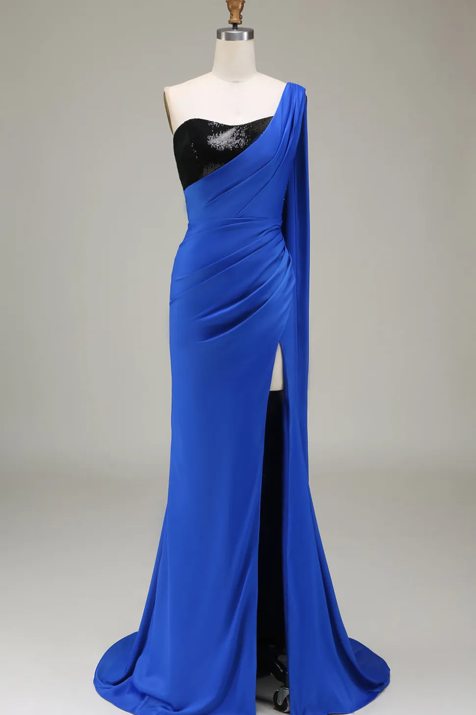 Royal Blue Um Ombro Cetim e Sereia de Lantejoulas Vestido de baile plissado com fenda