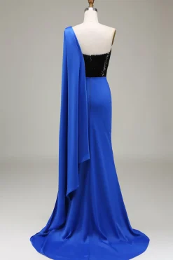 Royal Blue Um Ombro Cetim e Sereia de Lantejoulas Vestido de baile plissado com fenda