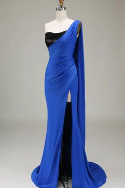 Royal Blue Um Ombro Cetim e Sereia de Lantejoulas Vestido de baile plissado com fenda