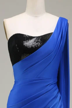 Royal Blue Um Ombro Cetim e Sereia de Lantejoulas Vestido de baile plissado com fenda