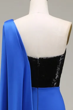 Royal Blue Um Ombro Cetim e Sereia de Lantejoulas Vestido de baile plissado com fenda
