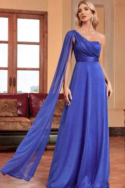 Royal Blue Um Ombro com Streamer Uma Linha Ruched Long Bridesmaid Dress