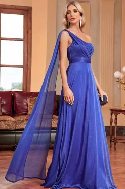 Royal Blue Um Ombro com Streamer Uma Linha Ruched Long Bridesmaid Dress