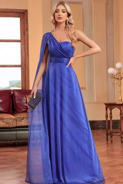 Royal Blue Um Ombro com Streamer Uma Linha Ruched Long Bridesmaid Dress
