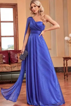 Royal Blue Um Ombro com Streamer Uma Linha Ruched Long Bridesmaid Dress