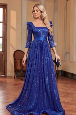 Royal Blue Uma Linha de Lantejoulas Pescoço Quadrado Longa Mãe Do Vestido Da Noiva