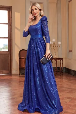Royal Blue Uma Linha de Lantejoulas Pescoço Quadrado Longa Mãe Do Vestido Da Noiva