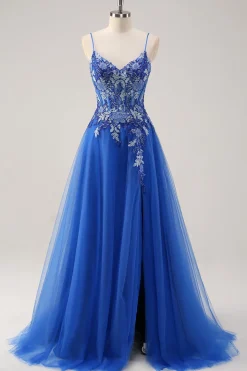 Royal Blue Uma Linha Esparguete Correias Corset Tule Vestido de Baile Com Bordado
