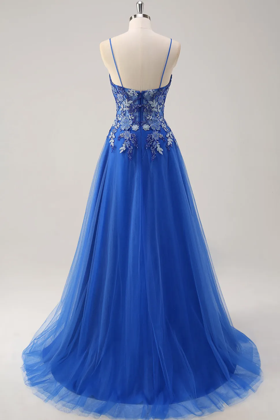 Royal Blue Uma Linha Esparguete Correias Corset Tule Vestido de Baile Com Bordado