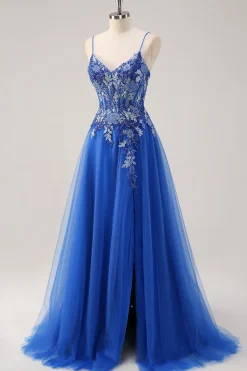 Royal Blue Uma Linha Esparguete Correias Corset Tule Vestido de Baile Com Bordado