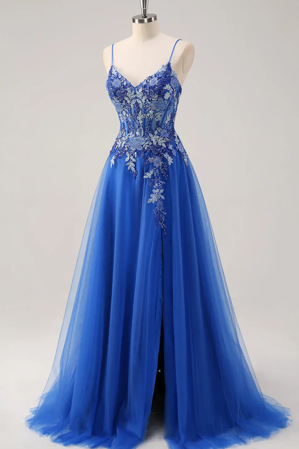 Royal Blue Uma Linha Esparguete Correias Corset Tule Vestido de Baile Com Bordado