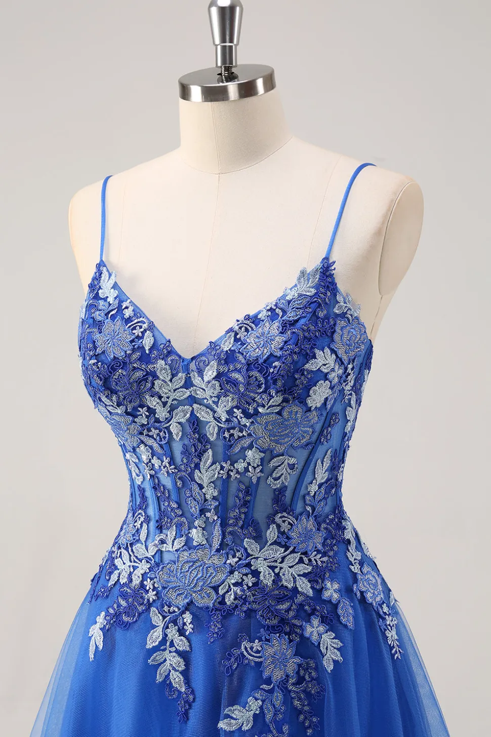 Royal Blue Uma Linha Esparguete Correias Corset Tule Vestido de Baile Com Bordado