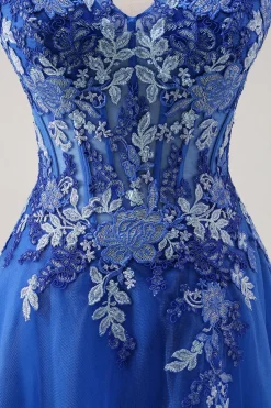Royal Blue Uma Linha Esparguete Correias Corset Tule Vestido de Baile Com Bordado