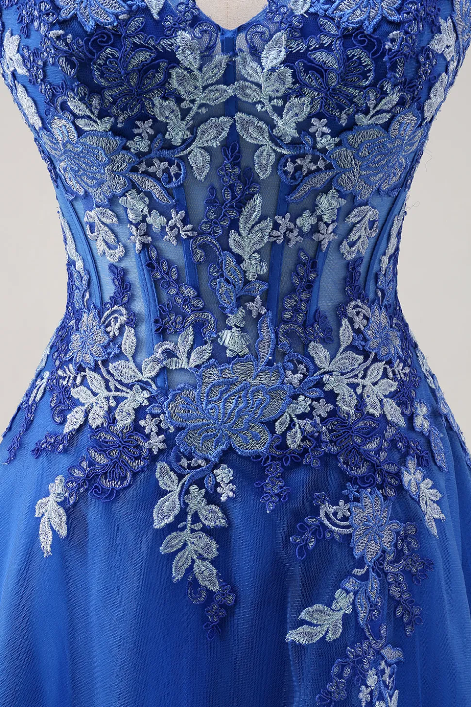 Royal Blue Uma Linha Esparguete Correias Corset Tule Vestido de Baile Com Bordado