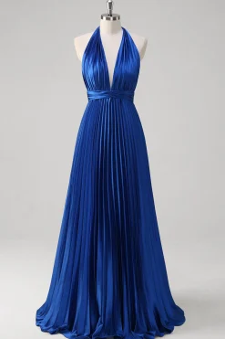 Royal Blue Uma Linha Halter Plissado Vestido Longo Baile