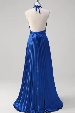 Royal Blue Uma Linha Halter Plissado Vestido Longo Baile