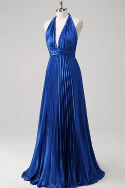 Royal Blue Uma Linha Halter Plissado Vestido Longo Baile