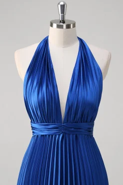 Royal Blue Uma Linha Halter Plissado Vestido Longo Baile