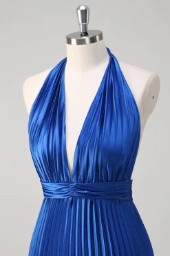 Royal Blue Uma Linha Halter Plissado Vestido Longo Baile