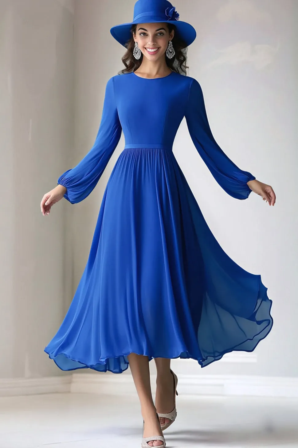 Royal Blue Uma Linha Manga Longa Pescoço Redondo Mãe do Vestido da Noiva