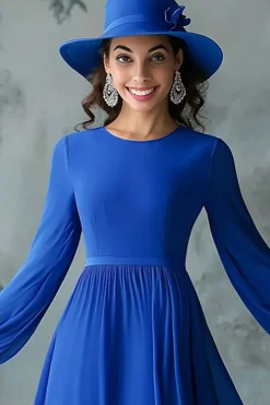 Royal Blue Uma Linha Manga Longa Pescoço Redondo Mãe do Vestido da Noiva