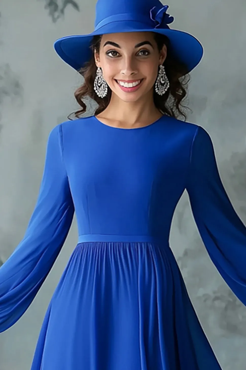 Royal Blue Uma Linha Manga Longa Pescoço Redondo Mãe do Vestido da Noiva